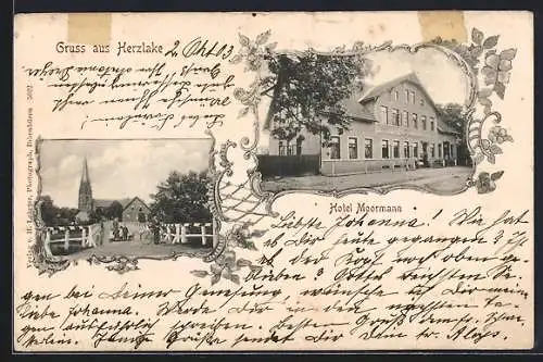 AK Herzlake, Hotel Moormann & Blick zur Kirche