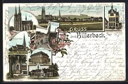 Lithographie Billerbeck / W., St. Ludgeri-Hospital, Neue Schule, Dom