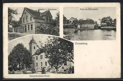 AK Vinnenberg, Gasthof J. Horstmann, Partie am Mühlenkolk, Benedictinerinnen-Kloster