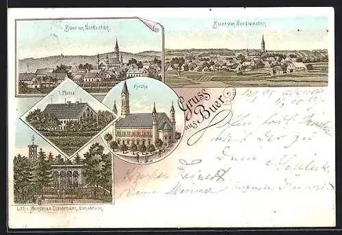 Lithographie Buer / Melle, 1. Pfarre, Kirche, Friedenshöhe, Ortsansichten