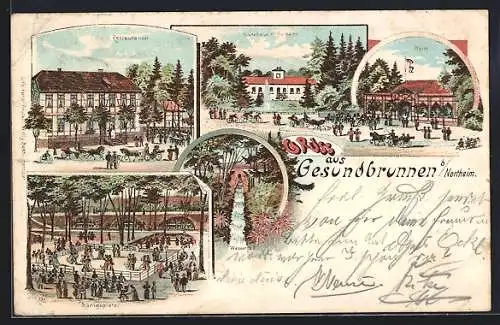 Lithographie Gesundbrunnen b. Northeim, Restaurant, Badehaus m. Fontaine, Halle, Königsplatz, Wasserfall