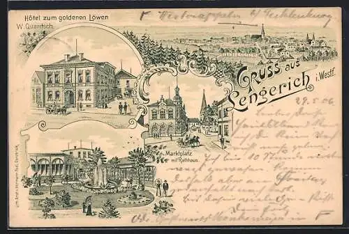 Lithographie Lengerich / W., Hotel z. goldenen Löwen, Marktplatz m. Rathaus