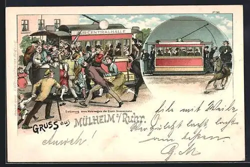 Künstler-Lithographie Bruno Bürger & Ottillie Nr. 365: Mülheim a. Ruhr, Strassenbahn, Erstürmung eines Motorwagens