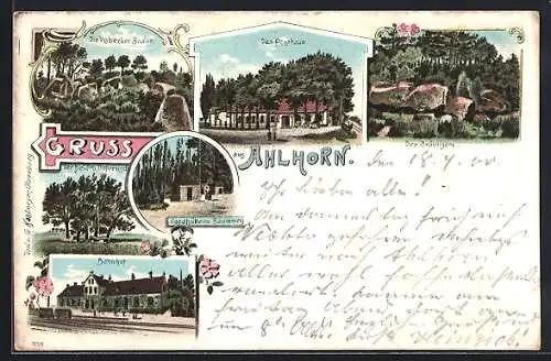 Lithographie Ahlhorn, Bahnhof, Posthaus, Jagdhütte im Baumweg, Visbecker Braut und Bräutigam