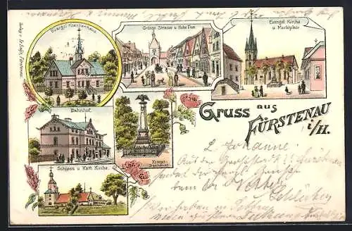 Lithographie Fürstenau i. H., Bahnhof, Krieger-Denkmal, Schloss und kath. Kirche, evangel. Krankenhaus