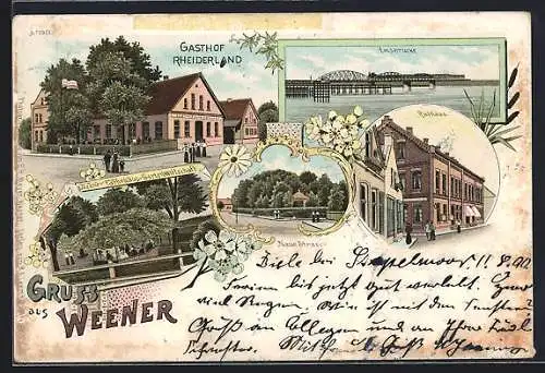 Lithographie Weener, Gasthof Rheiderland, Emsbrücke, Rathaus, Neue Strasse