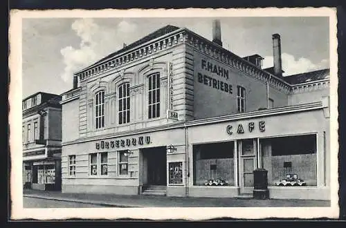 AK Oldenburg i. O., Gebäude der F. Hahn-Betriebe mit Café