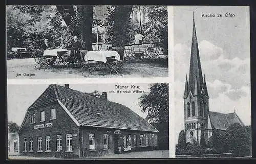 AK Ofen, Gasthaus Ofener Krug v. Heinrich Willers mit Gartenbereich, Kirche