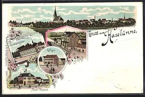 Lithographie Haselünne, Ursulinenkloster, Rathaus, Kaiserl. Postamt, Bahnhof, Ortsansicht