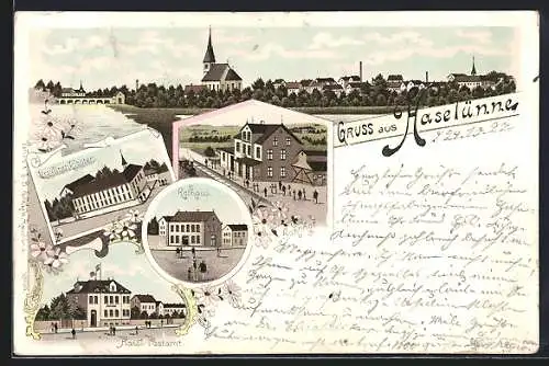 Lithographie Haselünne, Ursulinenkloster, Rathaus, Kaiserl. Postamt, Bahnhof