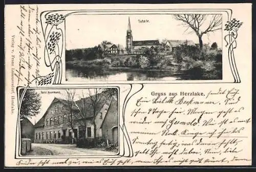 AK Herzlake, Hotel Moormann, Blick zur Kirche, Jugendstil-Passepartout