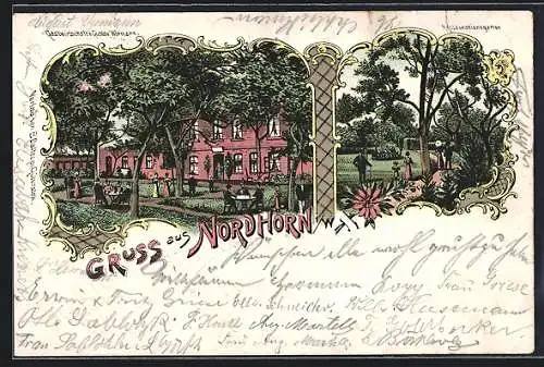 Lithographie Nordhorn, Gasthaus v. Gustav Wörmann mit Gartenwirtschaft