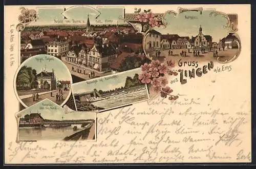 Lithographie Lingen a. d. Ems, Kaiserl. Postamt, Drehbrücke über den Kanal, Marktplatz