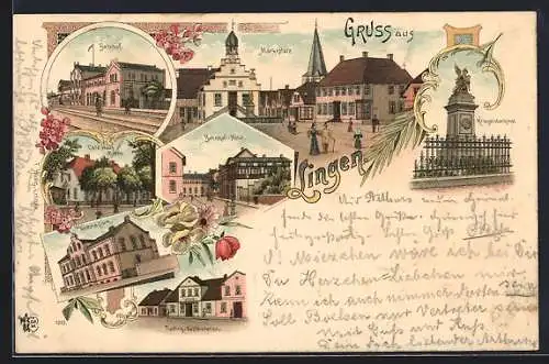 Lithographie Lingen, Bahnhof und Bahnhof Hotel, Café Haus Minne, Tieding-Restaurant, Gymnasium