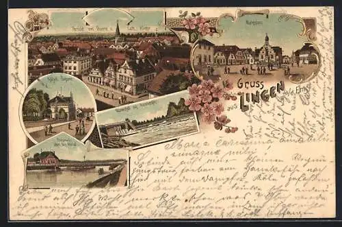 Lithographie Lingen a. d. Ems, Kaiserl. Postamt, Drehbrücke über den Kanal, Marktplatz