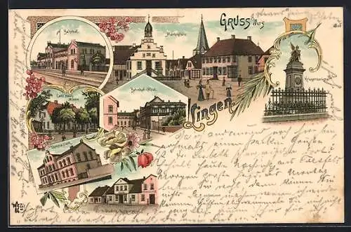 Lithographie Lingen, Bahnhof-Hotel, Tieding-Restaurant, Café Haus Minne, Bahnhof, Marktplatz