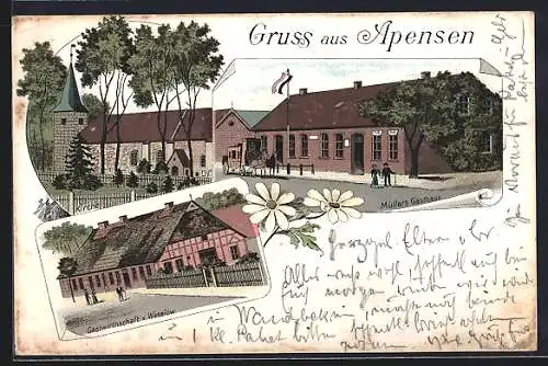 Lithographie Apensen, Müllers Gasthaus, Gasthof von Weselow, Kirche