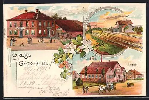 Lithographie Georgsheil, Bahnhof, Molkerei & Postamt