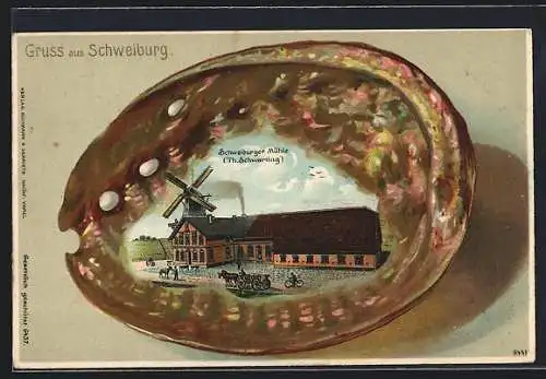 Passepartout-Lithographie Schweiburg, Schweiburger Mühle v. Th. Schwarting in einer Muschel