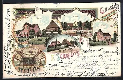 Lithographie Huntlosen, F. Schmidt`s Etablissement mit Saal und Garten, Kirche, Bahnhof