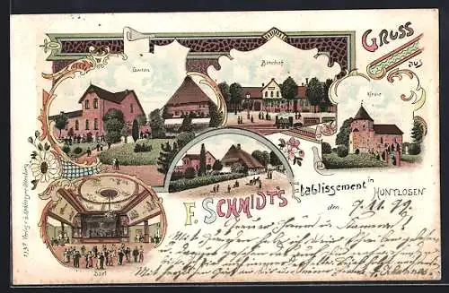 Lithographie Huntlosen, F. Schmidt`s Etablissement mit Saal und Garten, Kirche, Bahnhof