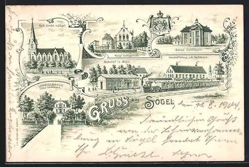 Lithographie Sögel, Geschäftshaus v. B. Holtmann, Schloss Clemenswirth, Bahnhof, Ludmillenhof