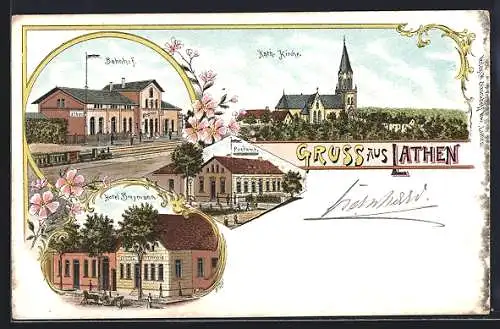 Lithographie Lathen, Hotel Breymann, Bahnhof, Kath. Kirche