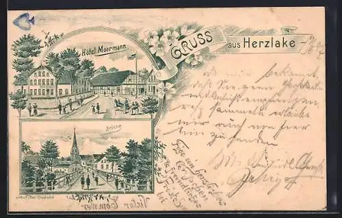 Lithographie Herzlake, Hotel Moormann, Brücke