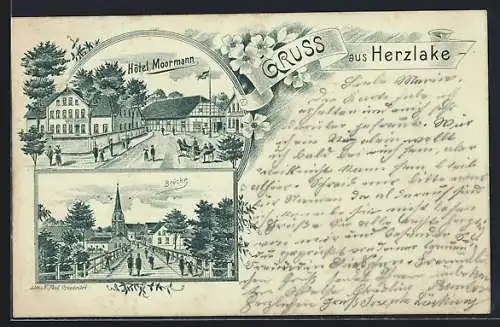 Lithographie Herzlake, Hotel Moormann, Blick über die Brücke