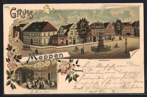 Lithographie Meppen, Hotel Abbes, Windhorstdenkmal