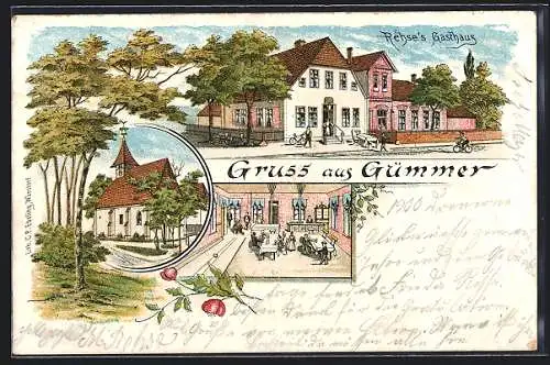 Lithographie Gümmer, Rehse`s Gasthaus mit Innenansicht, Kirche