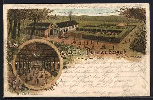 Lithographie Emmerich /Rh., Gasthaus Polderbusch, Gesamtansicht und Saal