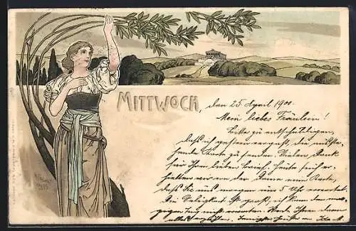 Künstler-Lithographie H. Fründt: Allegorie Mittwoch, junge Dame greift nach Ästen