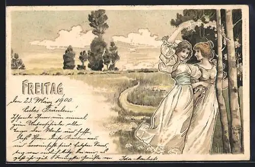 Künstler-AK H. Fründt: Wochentag, Freitag, Frauen am Waldrand mit Bäumen und Blumen, Jugendstil