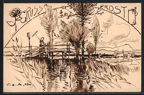 Künstler-AK Handgemalt, sign. Carl O. Arends: Landschaft am Fluss, Bäuerin überquert eine Brücke