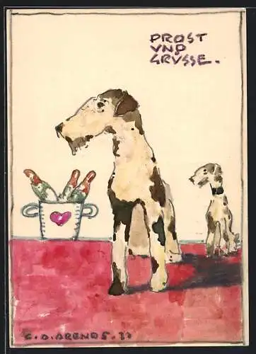 Künstler-AK Handgemalt, sign. Carl O. Arends: Zwei Terrier und ein Eiskübel mit Champagnerflaschen, original Autograph