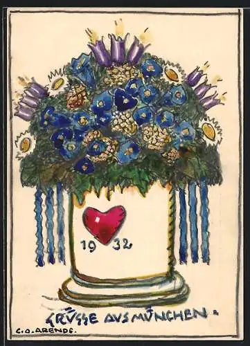 Künstler-AK Handgemalt, sign. Carl O. Arends: Neujahrsgruss 1932 vom Künstler aus München, Blaues Blumengesteck