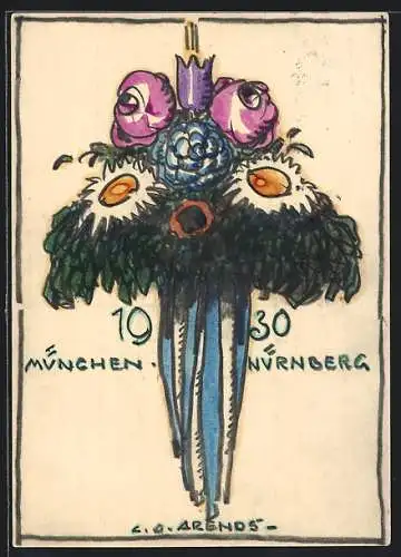 Künstler-AK Handgemalt, sign. Carl O. Arends: Blumengesteck, München-Nürnberg, Jahreszahl 1930