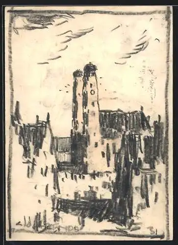 Künstler-AK Handgemalt, sign. Carl O. Arends: München, Frauenkirche im Stadtbild