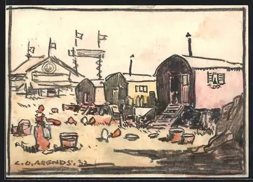 Künstler-AK Handgemalt, sign. Carl O. Arends: München, Oktoberfest, Festzelt und Wagen der Schausteller