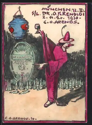 Künstler-AK Handgemalt, sign. Carl O. Arends: Clown am Moselweinfass, gewidmet Dr. O. K. Renoldi 1930