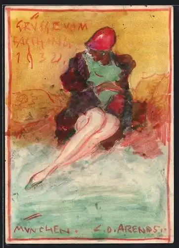 Künstler-AK Handgemalt, sign. Carl O. Arends: Grüsse vom Münchner Fasching, elegante Dame mit schönen Beinen