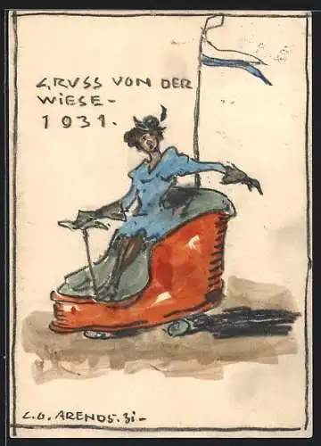 Künstler-AK Handgemalt, sign. Carl O. Arends: München, Oktoberfest 1931, Dame fährt Autoscooter