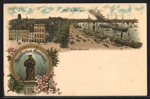 Lithographie Rotterdam, Maas en Boompjes, Desiderius Erasmus