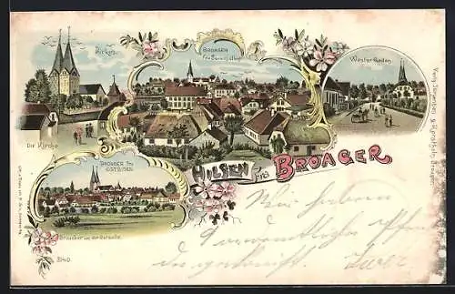 Lithographie Broager, Wester Gaden, Kirken, fra Savemollen