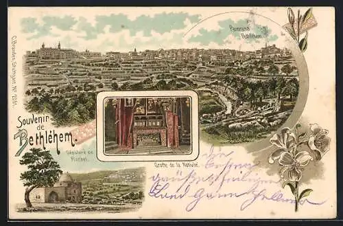 Lithographie Bethlehem, Panorama, Sepulcre de Rachel, Grotte de la Nativite