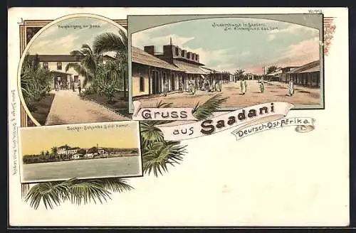 Lithographie Saadani, Inderstrasse mit Fort, Zucker Schamba Saidi Hamur, Eingang zur Boma