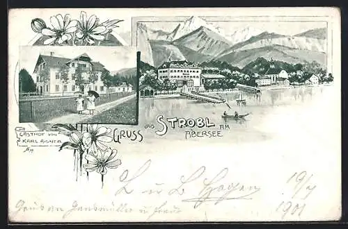 Lithographie Strobl am Abersee, Gasthof von Karl Aigner, Ortsansicht vom See her