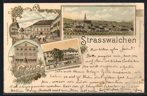 Lithographie Strasswalchen, Volksschule, Strassenpartie, Ortsansicht