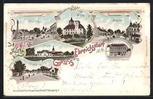 Lithographie Ebreichsdorf, Bahngasse, Schloss, Hauptplatz